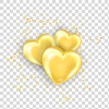 Decorative element with shiny 3d golden hearts and sequins with shadow isolated on transparent background. Valentines