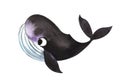 Decorative element. A small cartoon dark purple whale with a light striped belly and big eyes. Cute baby illustration postcard.