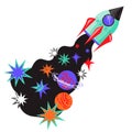 Decorative element with space rocket or spaceship leaving a colorful trail of planets.