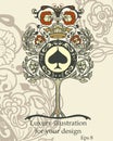 Decorative element with tree, crown and spades sign