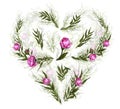 Decorative elements, pink flower, eucalyptus branch. hand-drawn doodles in a realistic style, in the form of a heart. modern decor Royalty Free Stock Photo