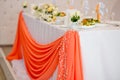 Decorative elements of a wedding table at the wedding banquet Royalty Free Stock Photo