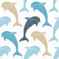 Decorative embroidered dolphins swim in the sea and ocean. Seamless pattern. Marine life. Cute cartoons. Royalty Free Stock Photo