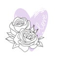 Decorative english garden vintage rose with text and heart shape. Female summer print, t-shirt design. Line art.