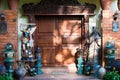 Decorative entrance with wooden door to the hotel in Philippines