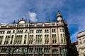 Decorative facade of prominent building in Budapest. arched windows and running balcony