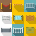 Decorative fences icon set, flat style