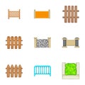 Decorative fences icons set, cartoon style