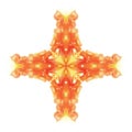 Decorative fiery cross. Bright abstract watercolor painting. Hand drawn symmetrical image. Yellow, red and orange paint.