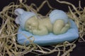 decorative figure of a sleeping baby on a blue pillow in straw