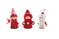 Decorative figures Christmas themes. for New Year's tree: knitted figurines of gnome, angel, snowman isolated on white Royalty Free Stock Photo