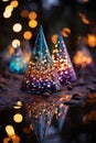 decorative figurine of a Christmas trees made of glass on a forest glade, reflected in water after rain, decorations for Royalty Free Stock Photo