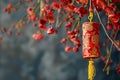 Decorative firecracker with background of ginkgo branch in chinese new year. Lunar New Year holidays