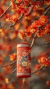 Decorative firecracker with background of ginkgo branch in chinese new year. Lunar New Year holidays