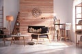 Decorative fireplace with stacked wood in cozy living room Royalty Free Stock Photo