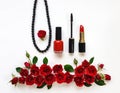 Decorative flat lay composition with cosmetics and flowers. Flat lay, top view