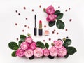 Decorative flat lay composition with cosmetics and flowers