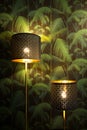 Decorative floor lamps in the living room with tropical vintage wallpaper background. home decoration and interior design concept Royalty Free Stock Photo