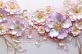 Decorative floral backdrop with violet flowers and golden twigs. Ornate luxury ornament for wedding photo album. Generative AI Royalty Free Stock Photo