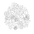 Decorative floral element of round shape, vector. Blooming and faded dandelion flowers, black and white line art