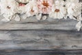 Decorative floral frame, banner made of pink and white peonies flowers. Old grey wooden table background. Empty copy Royalty Free Stock Photo