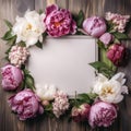 Decorative floral frame, banner made of pink and white peonies flowers. Wooden table background created with Generative AI Royalty Free Stock Photo