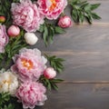 Decorative floral frame, banner made of pink and white peonies flowers. Wooden table background created with Generative AI Royalty Free Stock Photo