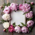 Decorative floral frame, banner made of pink and white peonies flowers. Wooden table background created with Generative AI Royalty Free Stock Photo