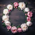 Decorative floral frame, banner made of pink and white peonies flowers. Wooden table background created with Generative AI Royalty Free Stock Photo