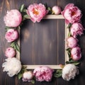 Decorative floral frame banner made of pink and white peony flowers. Old grey wooden table background. Created with Generative AI Royalty Free Stock Photo
