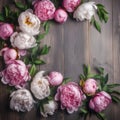 Decorative floral frame banner made of pink and white peony flowers. Old grey wooden table background. Created with Generative AI Royalty Free Stock Photo