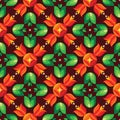 Decorative floral ornament background. Flower mosaic seamless pattern. Tulips, fruits, green leaves symbols. Vector illustration Royalty Free Stock Photo