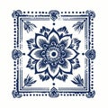 Vintage Wood Engraving: Blue And White Flower Pattern On White Background