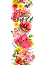 Decorative floral stripe - summer fruits, meadow flowers, grass. Seamless watercolor border