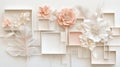 Delicate Paper Flowers and Feathers in Geometric White Frames Royalty Free Stock Photo
