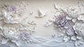 3D White and Purple Peony Flowers with Flying Birds and Pearls, Elegant Floral Relief Royalty Free Stock Photo