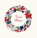 Decorative flourish round garland. Ornate wreath with hearts, flowers and snowflakes. Design holiday element with many cute detail