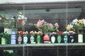 Decorative flower vases of different designs in a row