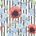 Decorative flowers for design. Ornament from flowers poppy and bluebell on a white striped background. Royalty Free Stock Photo