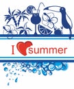 Decorative flowers, fruits, birds with I love Summer Phrase