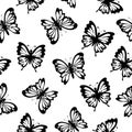 Decorative flying black butterflies with simple elements on a white background. Insects. Seamless summer pattern.