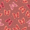 Decorative flying colorful butterflies with simple elements and light dots on a calm pink-brown background. Seamless pattern