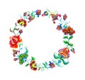 Decorative folk art flowers - floral wreath in slavic motifs. Watercolor