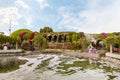 Decorative fountain in the botanical Dubai Miracle Garden in Dubai city, United Arab Emirates