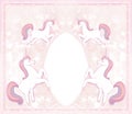 Decorative frame with cute unicorns on a beautiful artistic pink floral background