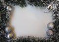 Decorative frame with place for text on white background, greeting cards made from tinsel and christmas balls, Christmas, New Year Royalty Free Stock Photo