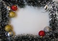 Decorative frame with place for text on white background, greeting cards made from tinsel and christmas balls, Christmas, New Year Royalty Free Stock Photo