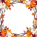 Decorative frame with pumpkins and colorful autumn leaves. Vector illustration. Royalty Free Stock Photo