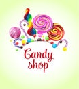 Decorative frame with realistic candies, colorful lollipops of various shape on background.