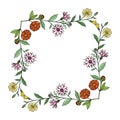 Decorative frame template with an ornament of bouquets of wild flowers calendula, daisy, chamomile.